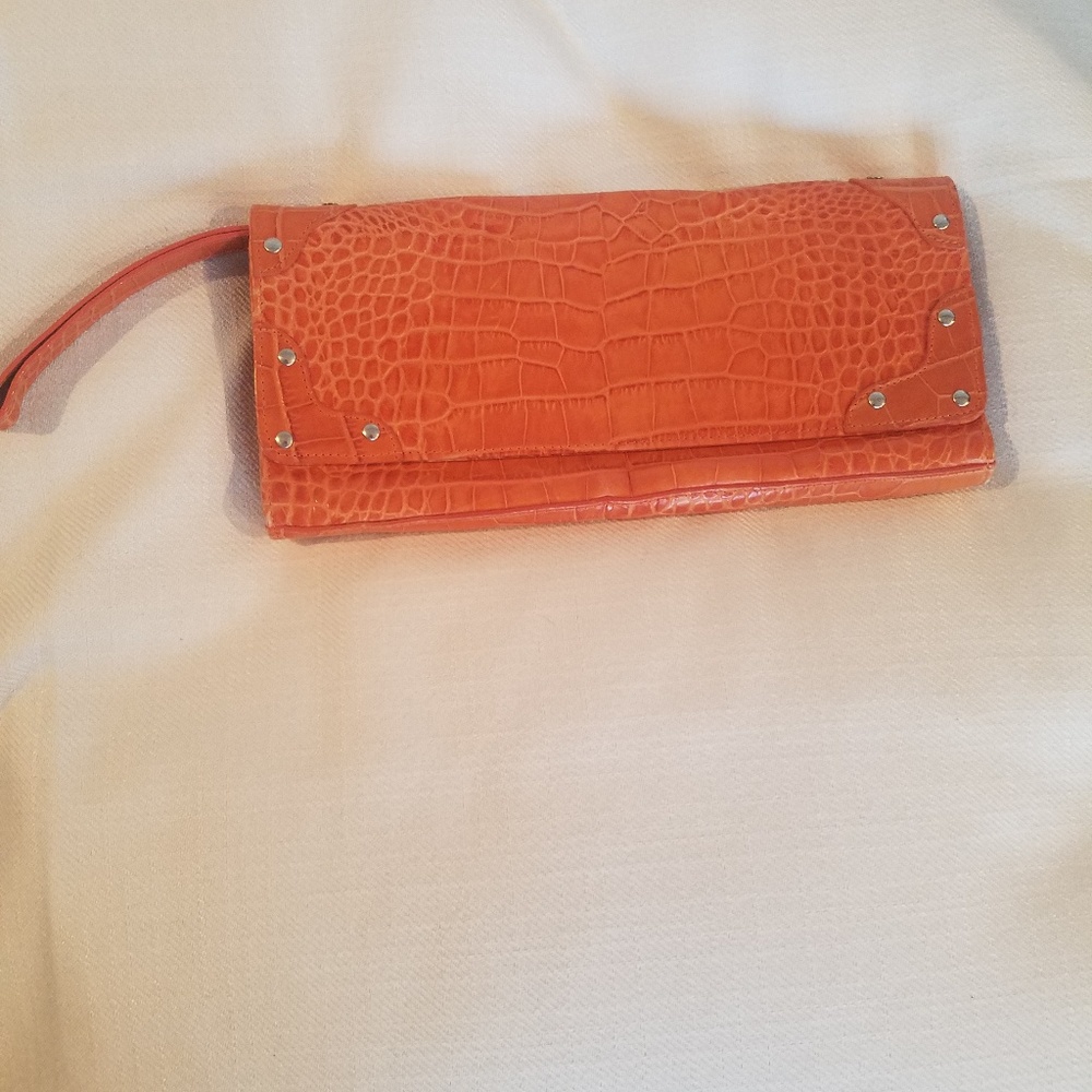Orange crocodile print clutch claudia